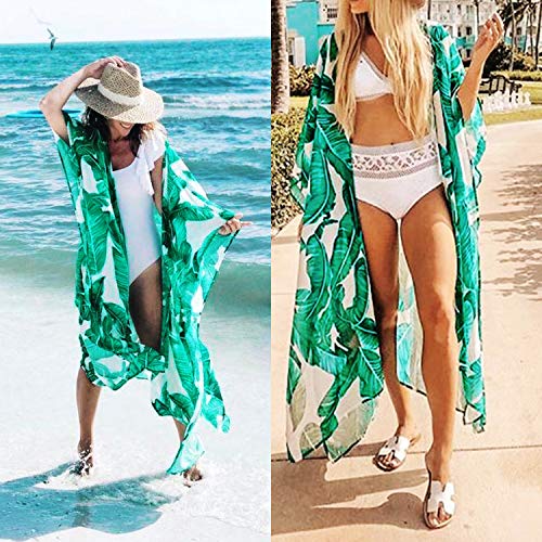 Cover-ups for Women Swimsuits Swimwear Women's Flowy Kimono Cardigan Open Front Maxi Dress Green - Thumbnail 4