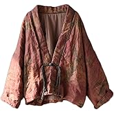 NFYM Women's Short Quilted Jacket Printed Open Front V-Neck Shawl Collar Drop Shoulder Vintage Outwear
