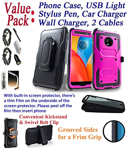 Value Pack Cables + for 5" Motorola MOTO E4 motoe4 case Phone Case 360° Cover Screen Protector Clip Holster Kick Stand Armor Shock Bumper (Peach Black) - Thumbnail 4