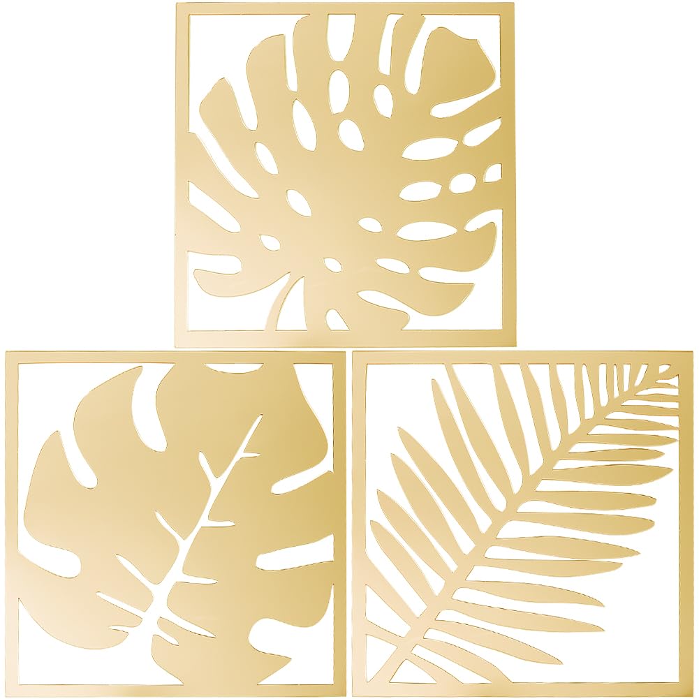CREATCABIN 3Pcs Leaf Wall Mirror Stickers Acrylic Mirror Art Mural Square Wall Mirror Decal Decor Sticker Set Detachable for DIY Home Living Room Bedroom Wall Decoration 7.4 x 7.8Inch Golden