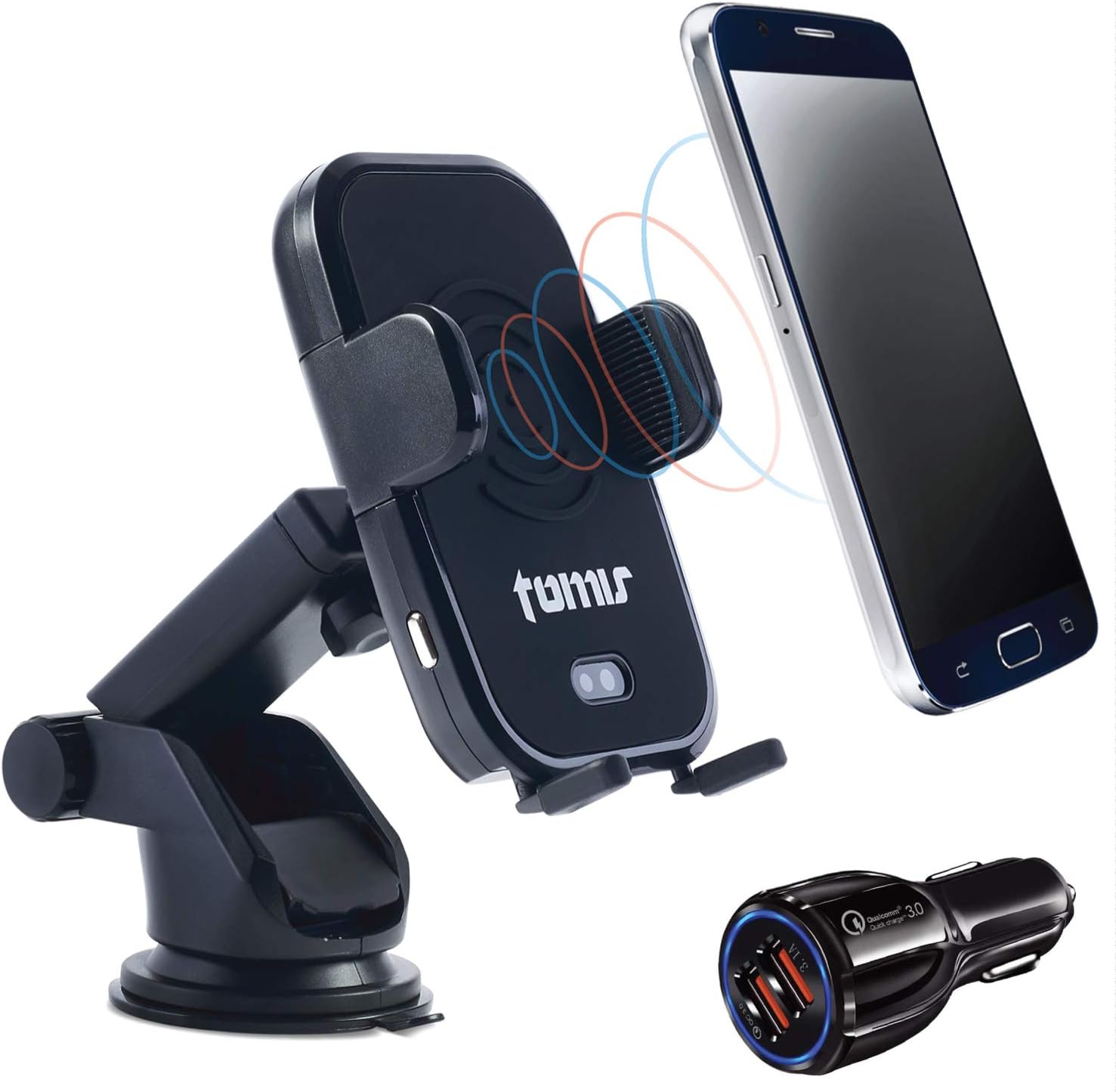 Tomis Wireless Car Charger Mount, Qi Car Charger & Holder w/ Automatic Clamping | 10W Fast Car Wireless Charger for Iphone 8/8Plus X/XS/XR /XS MAX Samsung Galaxy S6/7/8/9/Note 8/9 & Qi Enabled Devices