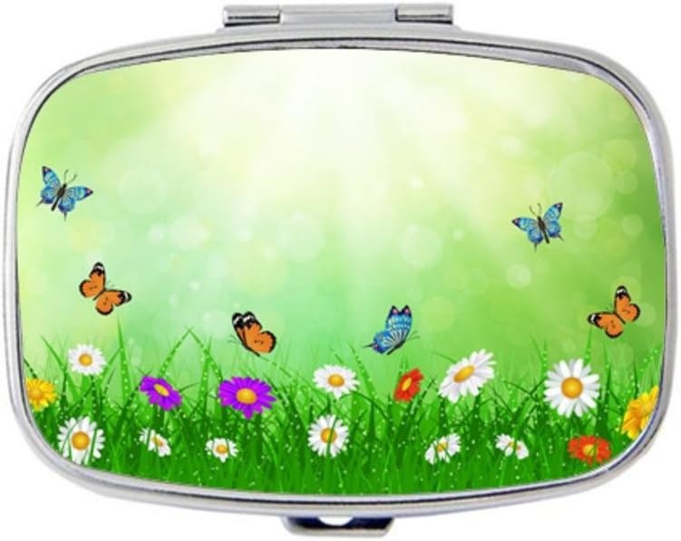 Pill Box,Butterfly and Grass Custom Personlized Rectangular Pill Case Holder Decorative Box Pocket Purse Travel Pill Vitamin Tablet Medicine Case