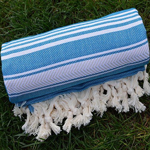 Dandelion - Basic Pattern - Naturally-Dyed Cotton Turkish Towel Peshtemal - 71x39 Inches - Ocean Blue - Thumbnail 7