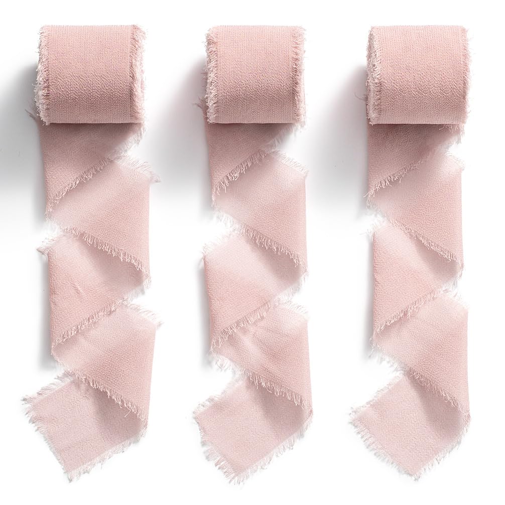 MORSUNBELA Chiffon Ribbon Dusky Pink Ribbon Chiffon Gift Ribbon 3.8 cm Fabric Ribbon Fringe Ribbon 19.2 m