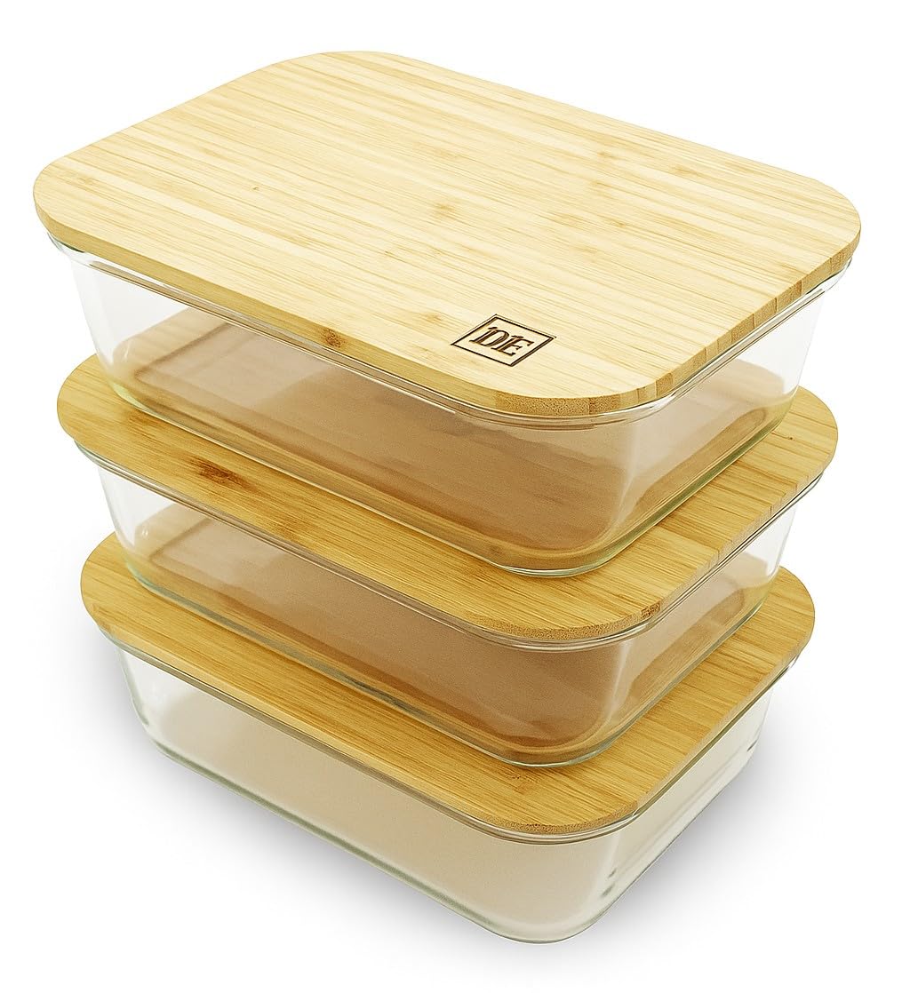 Photo 1 of DE Plastic-Free Glass Storage Containers (3-Pack, 51oz) with Bamboo Lids – Eco-Friendly, Airtight, Reusable – Oven, Microwave & Dishwasher Safe – BPA-Free & Sustainable.