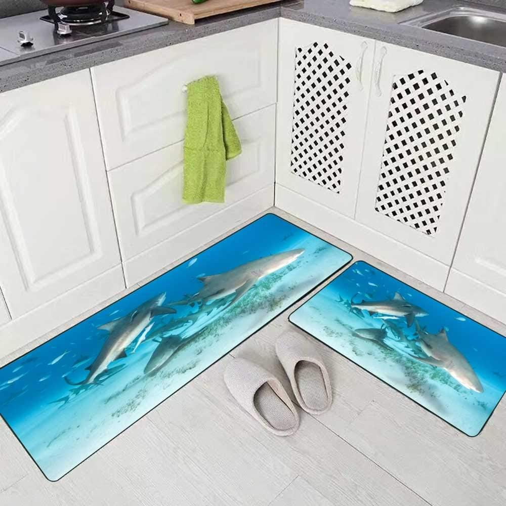 Musesh 2 Pieces Kitchen Rugs and Mats Non Skid Washable Picture Shows Reef Sharks and Lemon The at Bahamas Kitchen Rug Set 17"X48"+17"X24" Kitchen Carpets and Rugs Modern Kitchen Rug