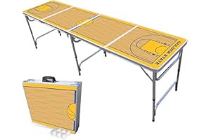 PARTYPONG 8-Foot Folding Portable Pong Table w/Optional Cup Holes & LED Lights - Golden State Basketball Court (Choose Your Model)