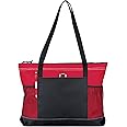 Gemline Red Zippered Tote Bag with 600-D Polyester Fabric, 29.5-Inch Shoulder Straps, Zippered Compartment, Front Pocket with Pen Loop, and Side Mesh Pockets