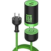 MFish 65W GaN Fast Wall Charger Block with 2 USB-C & 1 USB-A Ports, 5ft Nylon Extension Adapter – High-Speed Charging for iPhone, iPad, MacBook, Samsung Galaxy, and More Devices (Cyber Green)