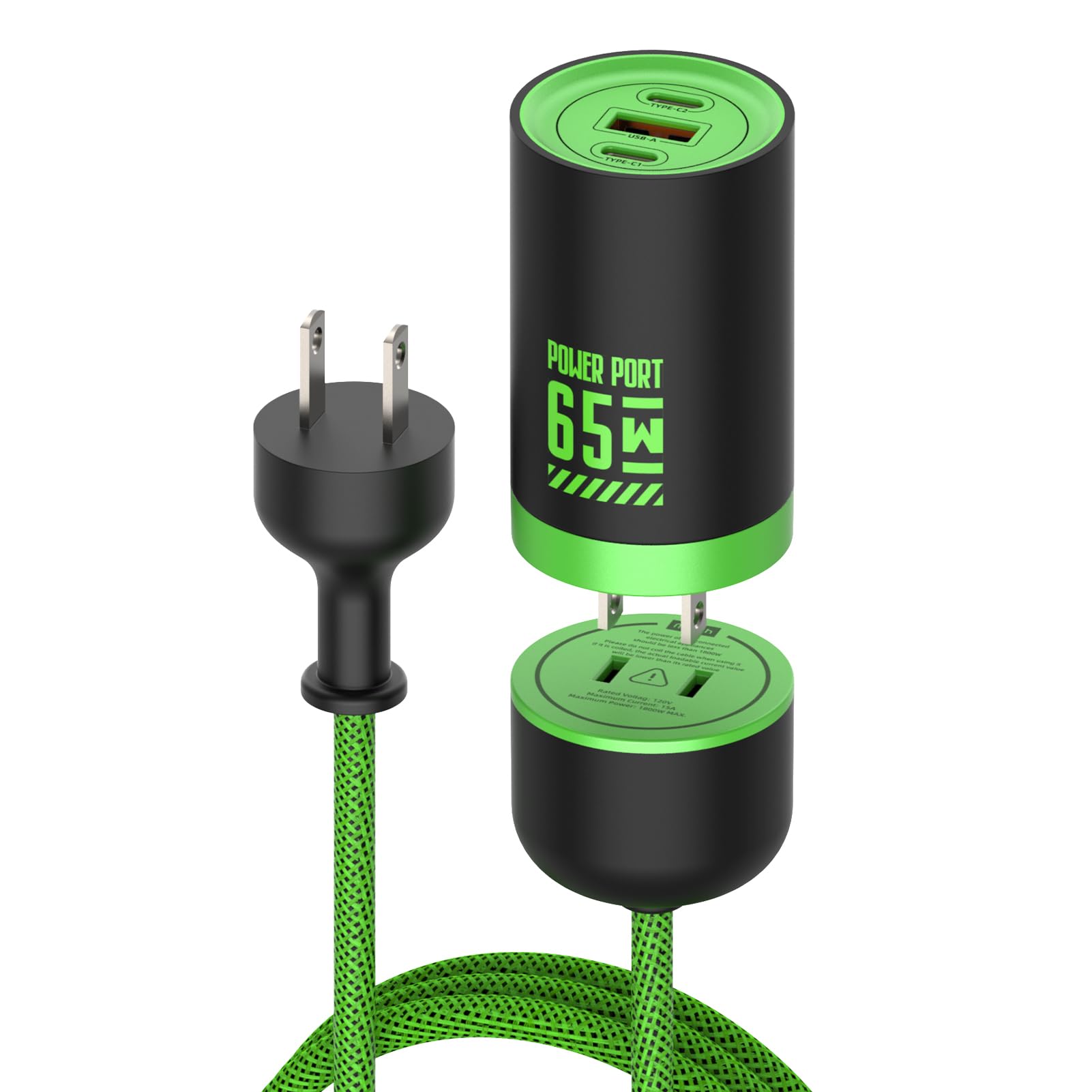 MFish 65W GaN Fast Wall Charger Block with 2 USB-C & 1 USB-A Ports, 5ft Nylon Extension Adapter – High-Speed Charging for iPhone, iPad, MacBook, Samsung Galaxy, and More Devices (Cyber Green)