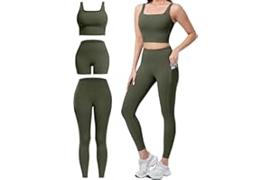 SALSPOR 3 Piece Workout Sets for Women High Waisted Leggings with Pockets Tummy Control Biker Shorts Yoga Sports Bra