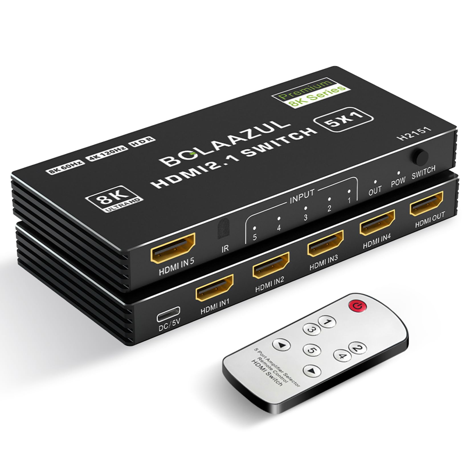 BolAAzuL 5X1 HDMI Switcher Selector Box, 5-Port HDMI Hub Auto Switch, 8K@60Hz 4K@120Hz 2K@144Hz, 48Gbps, HDR, HDCP, CEC, Dolby Vision, for PS5 Xbox Series X
