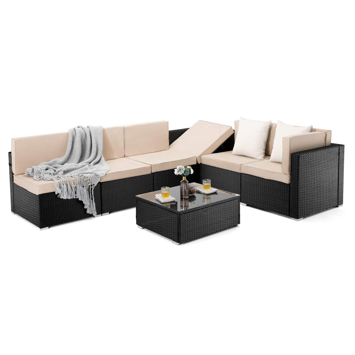 PAMAPIC 7 Pieces Patio Furniture Outdoor Rattan Sectional Sofa Conversation Set with Tea Table and Washable Cushions, Beige