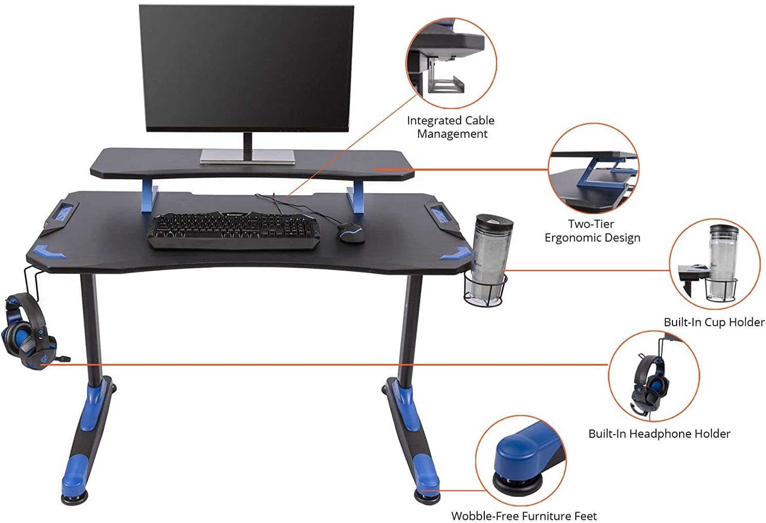 Stand Up Desk Store Two Tier Gaming Desk Gaming Computer Desk With Built In Cup Holder Headphone Hook Cable Management And Monitor Stand Carbon Fiber Look Top And Blue Accents 48 Amazon Ca Home