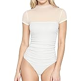 Veugol Women Short Sleeve Shirts Sheer Mesh Bodysuit Mock Turtle Neck Trendy Sexy Ruched Going Out Fishnet Bodysuits Tops Lace Leotards For Women White M