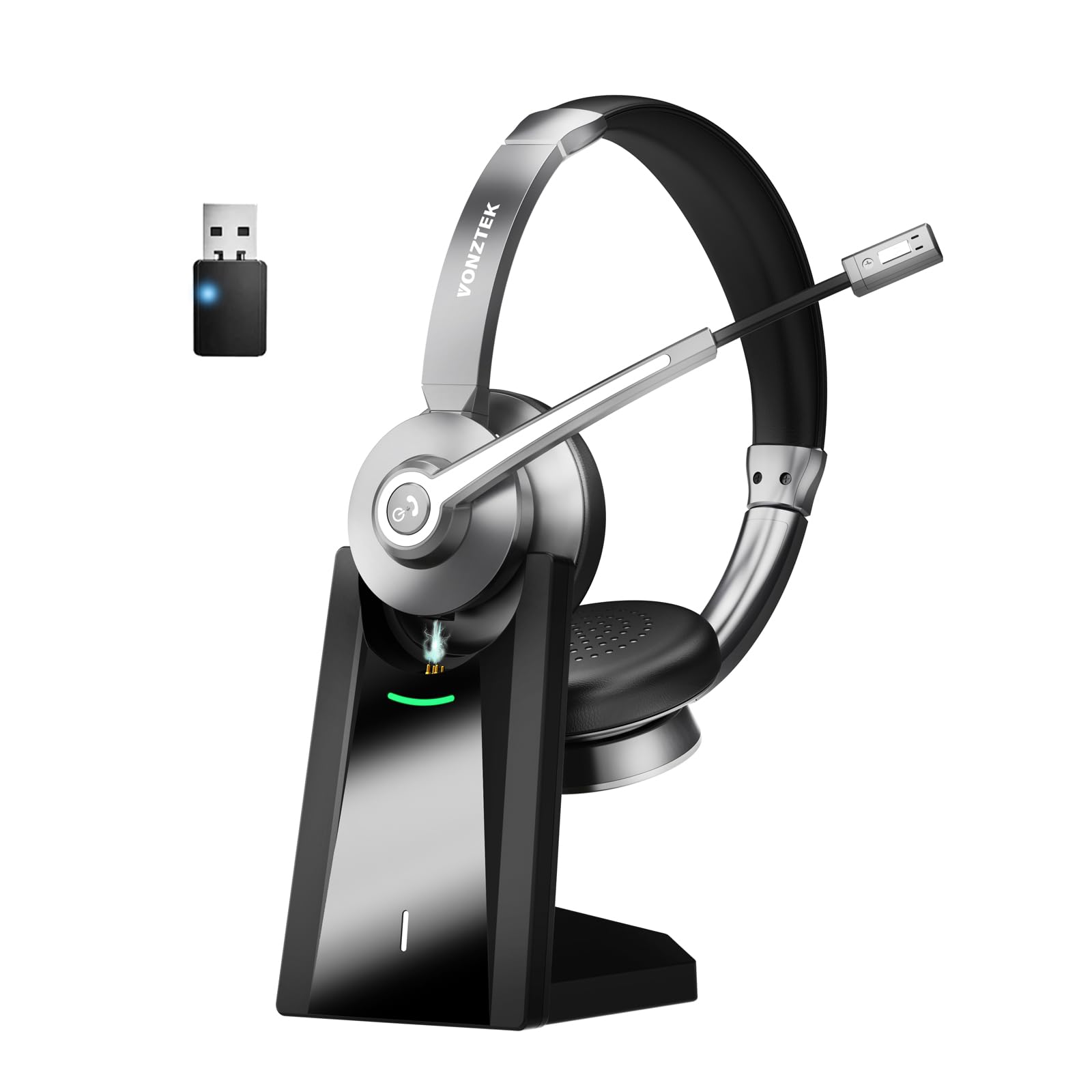 Vonztek Bluetooth Headset,Wireless Headset with Microphone Noise Canceling & Mute, Wireless Headphones with Microphone with USB Dongle & Charging Dock for Office Skype Zoom Meeting