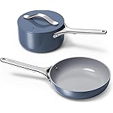 Caraway Mini Cookware Set - Non-Stick Ceramic Fry Pan (1.05 qt, 8") Sauce Pan (1.75 qt) & Storage Rack - Non Toxic, PTFE & PFOA Free - Oven Safe & Stovetop Agnostic (Gas, Electric & Induction) - Navy