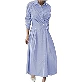LADYFUL Womens Elegant Striped Shirt Midi Dress Collared Button Down Long Sleeve A-line Wedding Guest Long Dress