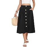 MLXSJ Women's Midi Skirt Summer Flowy High Waisted Casual Button Front Skirts with Pockets