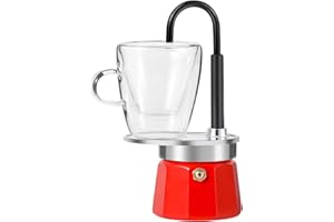 MVPLUE-Mini Express Swiss Single Tube Moka Pot Aluminum Red，Moka Set includes One Double Wall 3oz Cup,Enjoy delicious coffee in no time