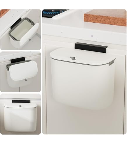 Poubelle Suspendue 7L Avec Couvercle - Blanche/Verte, Pour Cuisine, Salle De Bain, Camping-car - Gain De Place Murale Ou Armoire - 4