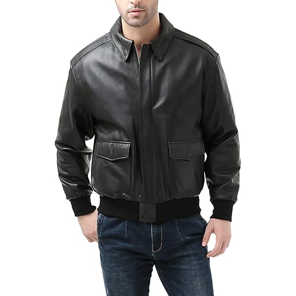 Men Short Waist Black Genuine Leather Casual Classic Basic Bomber