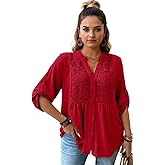 MSHING Women's Plus Solid Color Casual top 3/4 Sleeve V-Neck Hollowed Out Embroidered Button up Shirt