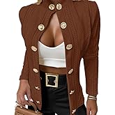 CHICME Women Argyle Cable Cardigan Casual Lightweight Cropped Coat Stand Collar Long Sleeve Metal Button Front Spring Jackets