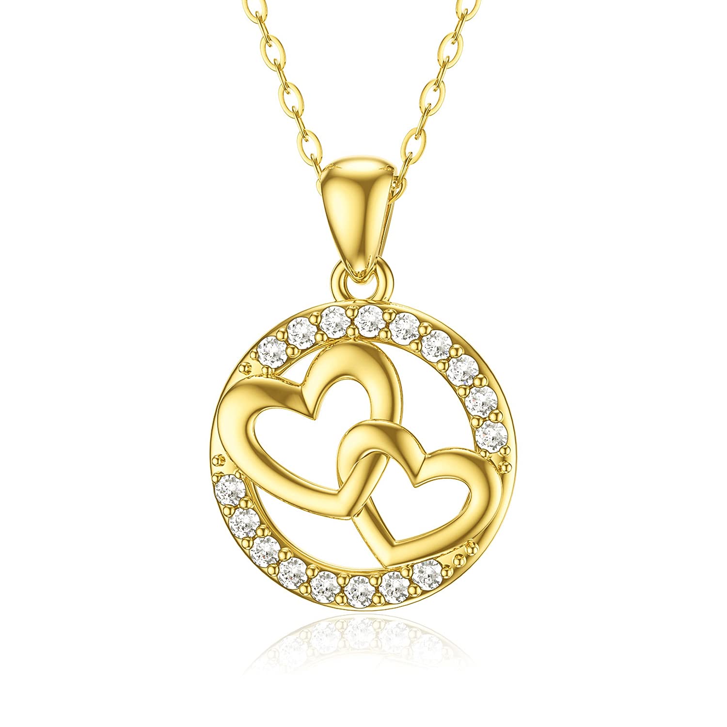 SISGEM 9ct Yellow Gold Double Heart Pendant Necklace for Women, Girls, Sisters, 40.6cm+2.5cm+2.5cm