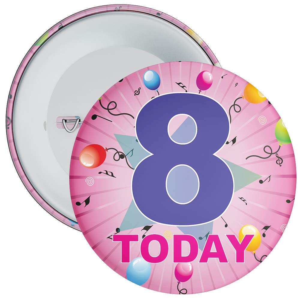 Pink 8th Birthday Badge available in a choice of 2 sizes (75mm)