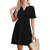 Naggoo Women's Summer Dresses Casual V Neck Short Sleeve A Line Tiered Ruffle Swing Mini Beach Dress with Pockets