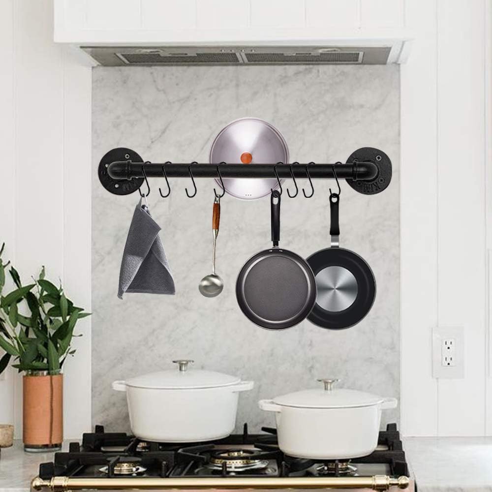Industrial Pipe Pan Pot Rack Wall Mounted, Iron Coffee Cups Hanger Bathroom Towel Bar Black Kitchen Utensil Cookware Holder Storage Organizer With 10 Detachable S Hooks: Home Improvement