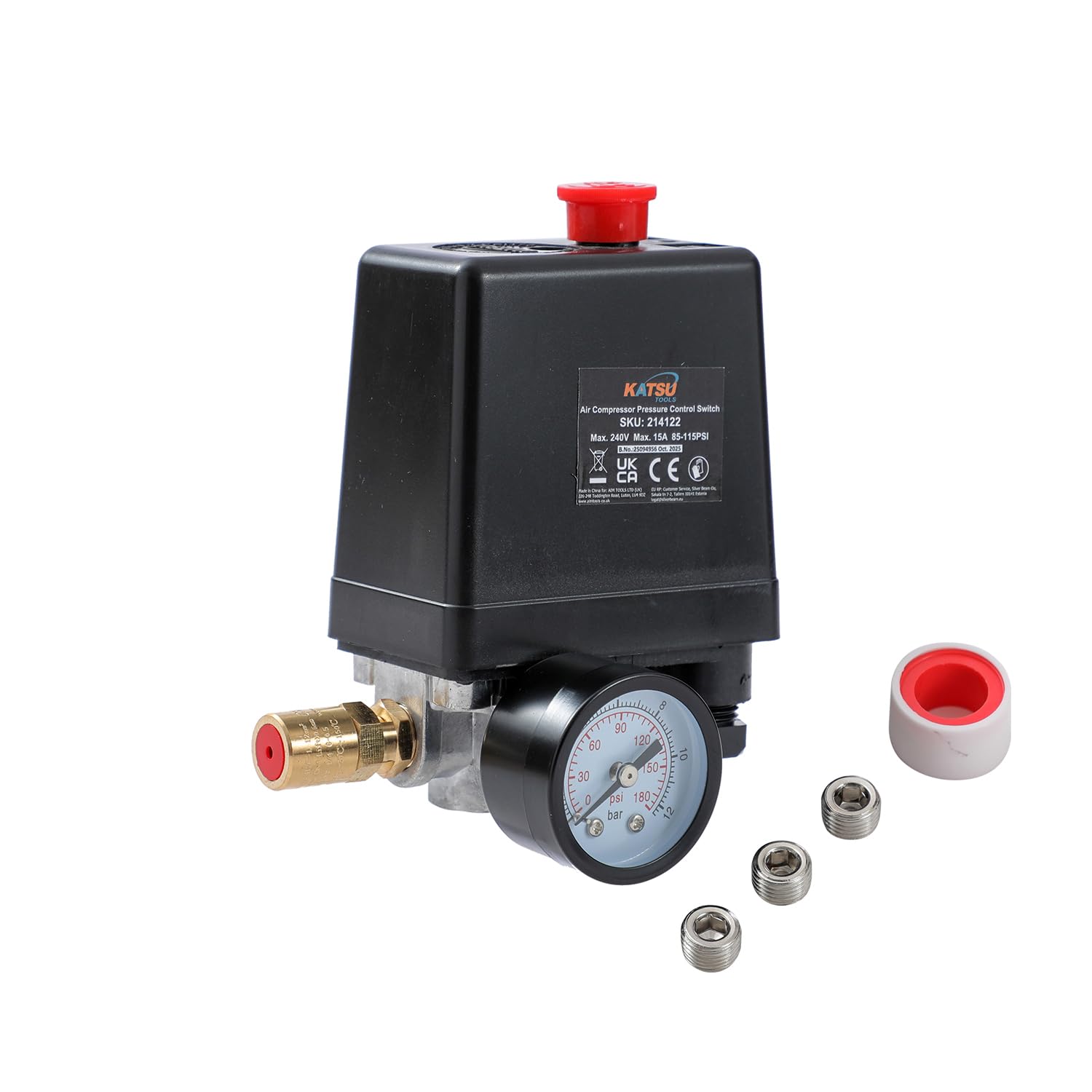 KATSU Tools 4 Port Single Phase Air Compressor Pressure Regulating Switch + Gauge + Safety Valve + Screws