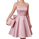 WDIRARA Women's Satin Bow Homecoming Dresses Spaghetti Strap Wedding Guest Gown Summer Mini Dress