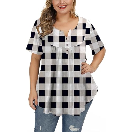 ALLEGRACE Women's Plus Size Floral Blouses Henley V Neck Button Up Tunic Tops Ruffle Flowy Short Sleeve T Shirts
