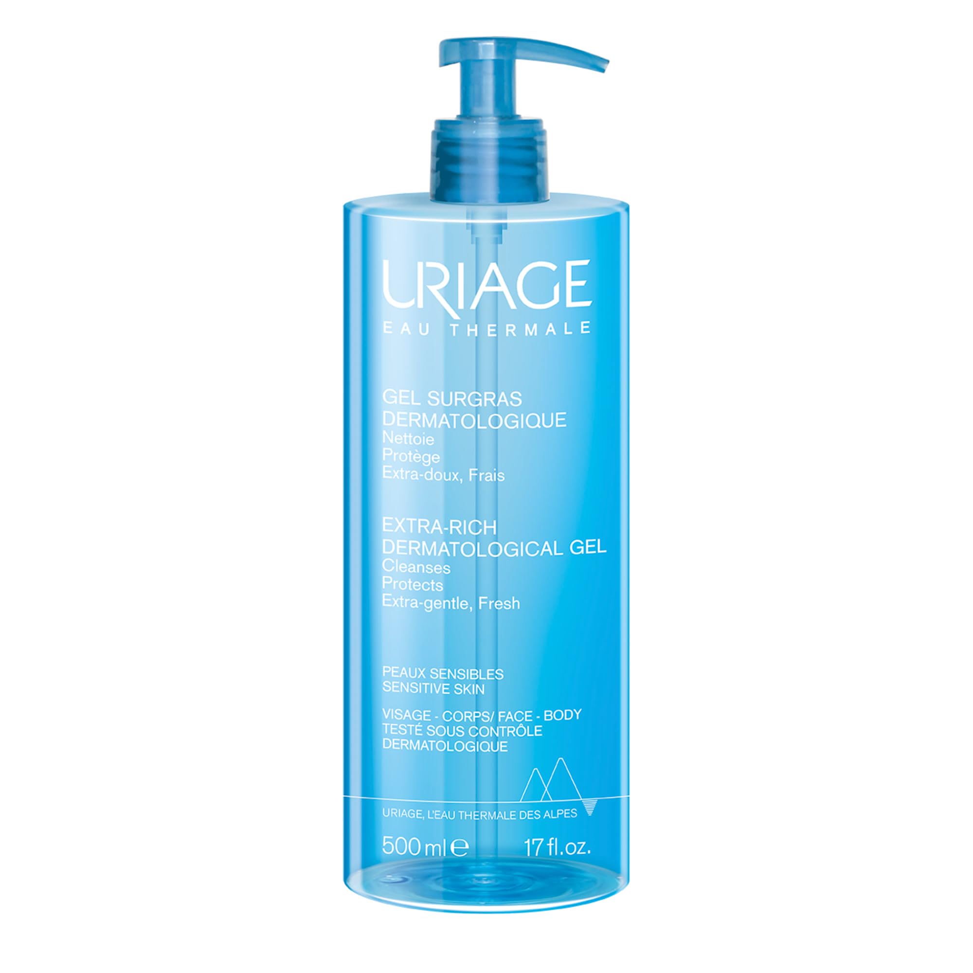 Uriage Extra-Rich Dermatological Cleansing Gel 500ml - Fresh Face & Body Foaming Cleanser - Sensitive & Dry Skin - Hydrates & Preserves the Hydrolipidic Film - Paraben & Soap-Free - Physiological pH