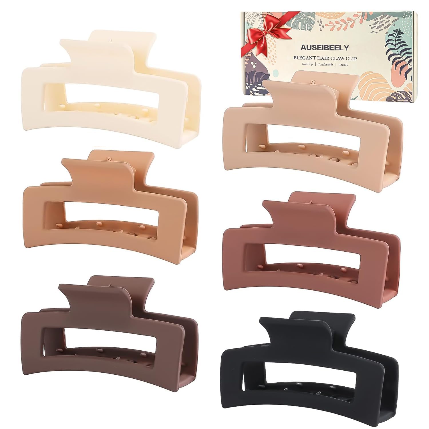 Photo 1 of 6 Pack Square Claw for Women Girls, 3.5" Medium Non-slip Rectangular Matte Clips Strong Hold Jumbo Hair Styling Accessories, Warm