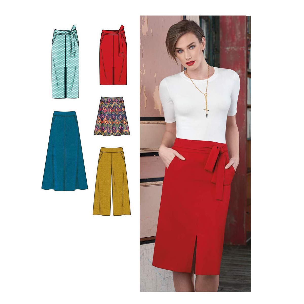 Simplicity Pattern 8175 Misses' Slim and Flared Skirts, Cropped Trouser, and Tie Belt, Paper, White, 22 x 15 x 1 cm