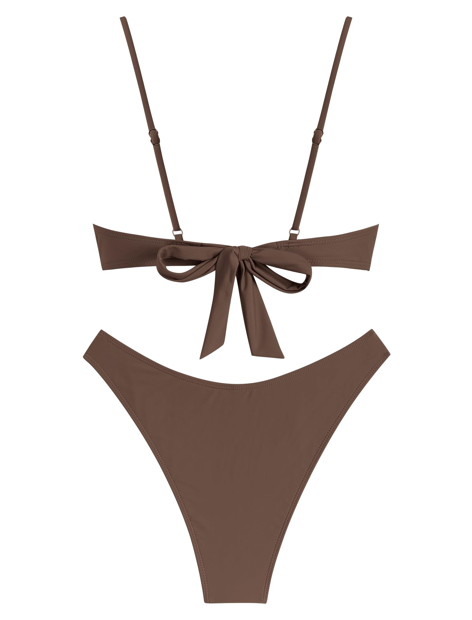 ZAFUL Women High Cut Brown Bikini Sets Thong String Sexy Swimsuit Two Piece Push Up Underwire Bathing Suit Teen Girl Brazilian Cheeky Cut Out Lace Up Retro Cute Swimwear Coffee L - Image 6
