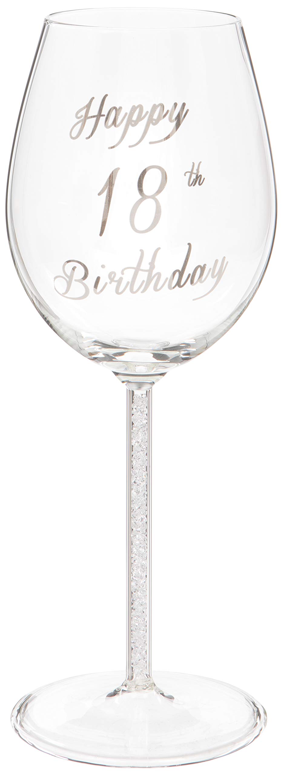Maturi Happy 18th Birthday Wine Glass with Silver Diamond Stem - 400ml / 13.5 Fluid Ounces