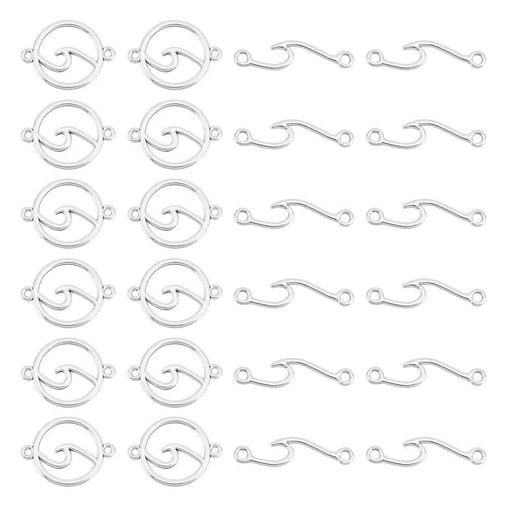 UNICRAFTALE 80pcs Tibetan Style Wave Link Pendants 2 Styles Antique Silver Zinc Alloy Ocean Connector Charms Metal Flat Round Links Pendant for Beach Bracelet Anklet Jewelry Making 7~19.5mm