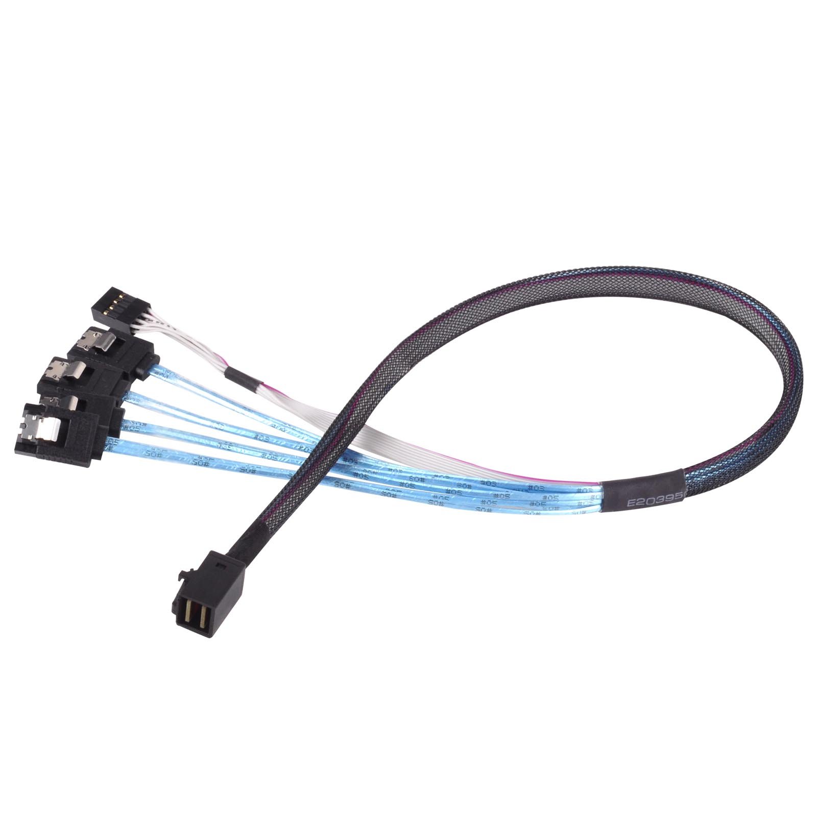 SilverStone SST-CPS05 - Internal Mini SAS HD SFF8643 to 4 SATA 7pin Thick Shielded Cable (with Sideband), Mini SAS HD Host/Controller to 4 SATA Target/Backplane, 0.5M