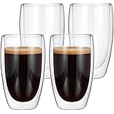 QFGasre 4 Pcs Double Wall Glass Coffee Mugs, Clear Insulated Latte Cups Large Glass Coffee Cups for Hot Beverages Espresso Tea Milk Cappuccino Latte