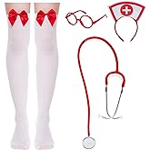 mifengda Nurse Costume Halloween Women Costume Accessories Red Nurse Hat Headband Cosplay Outfit Set Includes Headband Glasses Stethoscope High Sock for Halloween Cosplay Party