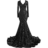 Oidkalad Women's Long Sleeves Mermaid V-Neck Sequins Evening Dress Prom Party Gowns