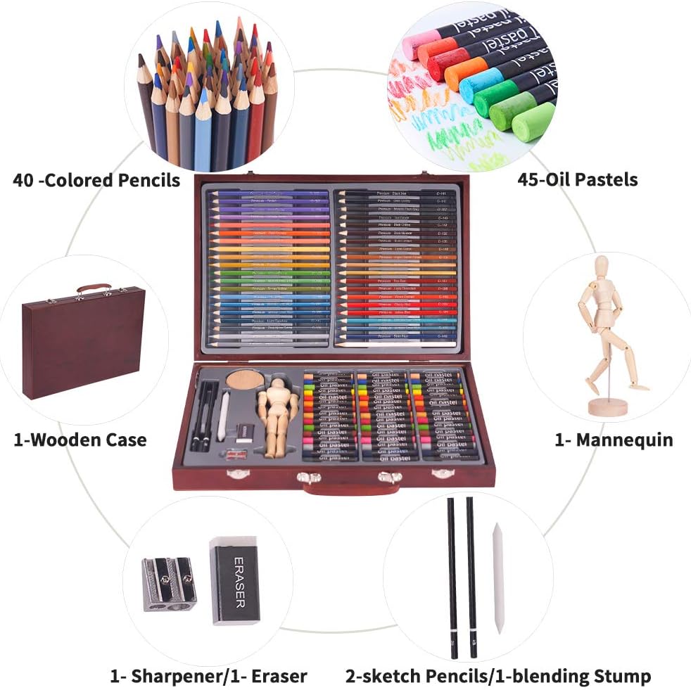 93 Piece Professional Art Set，Drawing kit，Colored Pencils, and Oil Pastels in Wooden Box, Art Supplies for Kids, Teens and Adults