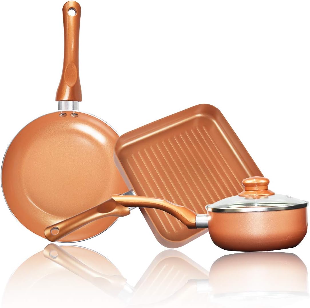 KUTIME 4pcs Cookware Set | Ceramic Nonstick Coating Casserole, Milk Pot and Frying Pans Set | Copper Aluminum Pan | Suitable for Induction, 1 Year Warranty