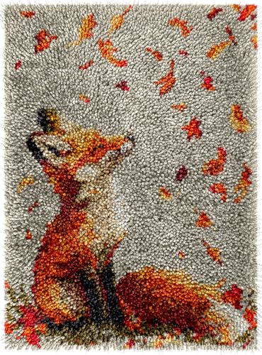 Orange Fox and Maples Latch Hook Rug Kits Color Printed Crochet Yarn Needlework DIY Hooking Latch Kit Carpet Rug Cover Mat for Christmas Chair Cushion Floor Decoration 60x40cm