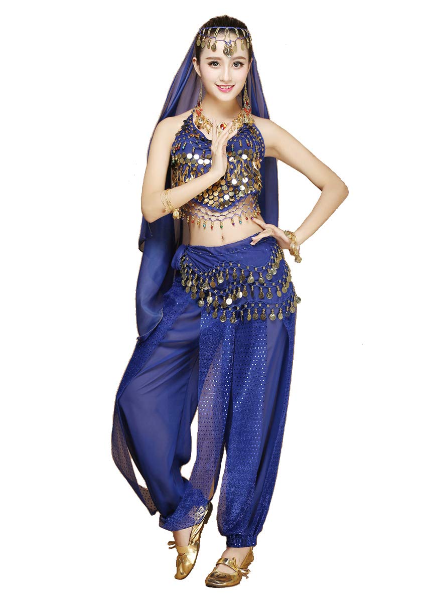 Womens Belly Dancer 4-Piece Costume Set Outfit with top Pants Head Veil Hip Scarf for Arabian Egyptian Dancing (Blue)