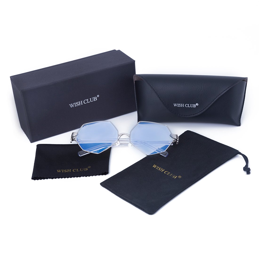 WISH CLUB Women Polygon Sunglasses Flat Clear Transparent Lens Fashion Metal Frame UV 400 Fashion Trendy Glasses (Blue)